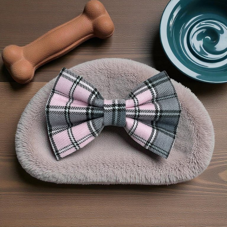 Pink & Grey Tartan Handmade Dog Bow Tie 