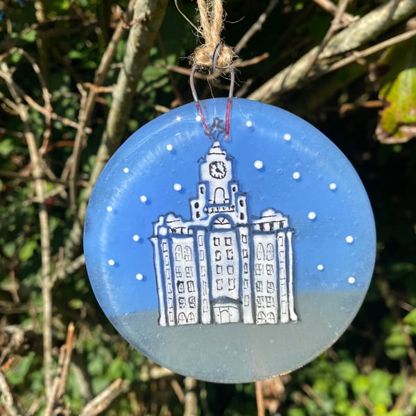 Fused Glass Hand painted Landmark Bauble, Liver Building Liverpool