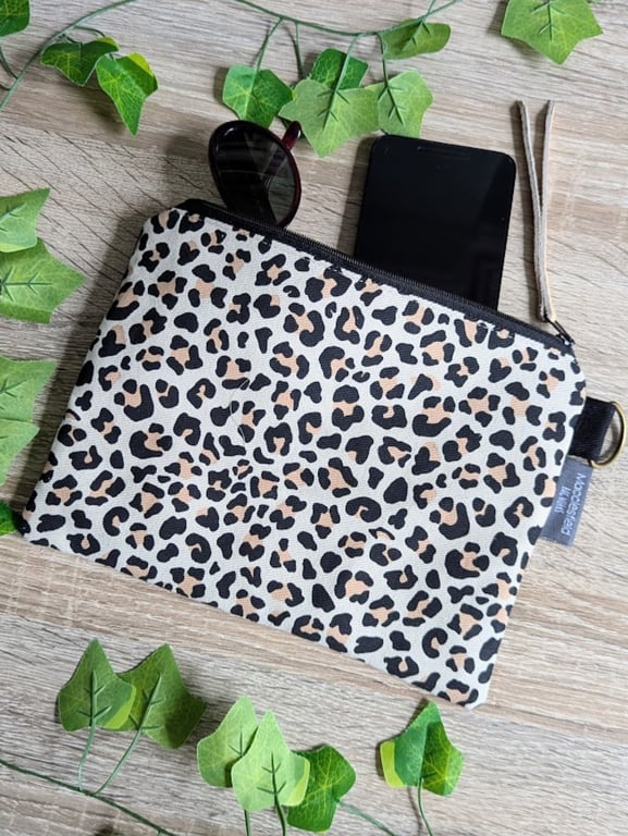 Denim and Leopard Print Large Pouch Bag, Pencil Case or Makeup Bag