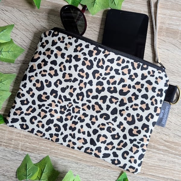 Denim and Leopard Print Large Pouch Bag, Pencil Case or Makeup Bag