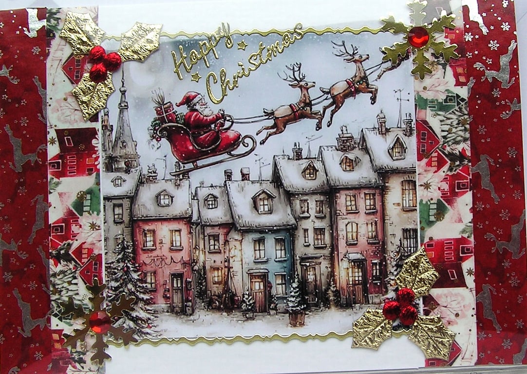 Hand Crafted Decoupage Chistmas Card - Happy Christmas (3353) Santa on Sleigh