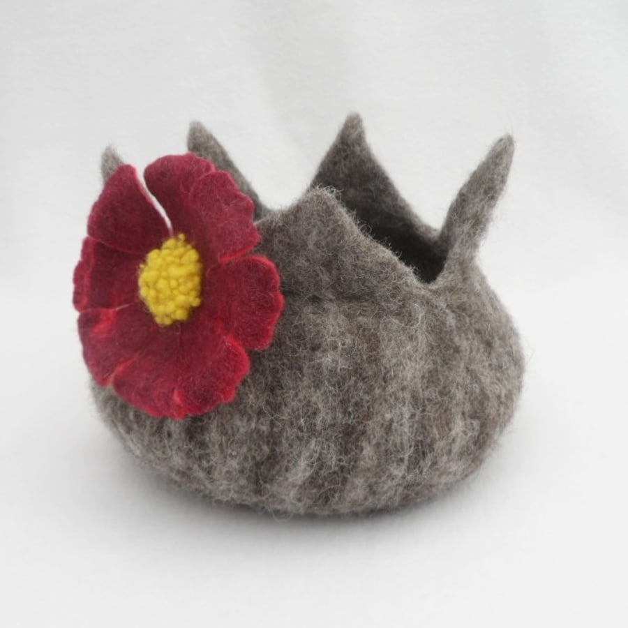 Grey felted bowl, pot in natural jacob wool with red felted flower, medium