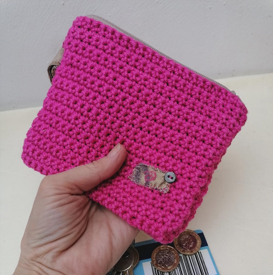 Small Pink Crocheted Cotton Wristlet Purse