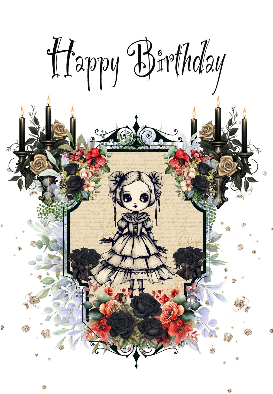 Kawaii Birthday Card, Gothic Doll Greeting Card, Alternative Birthday Greetings
