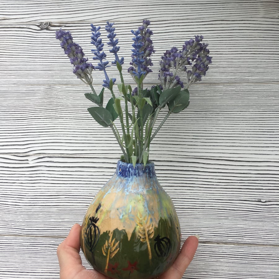 Small Ceramic hand painted Bulb shaped Vase - Flower Meadow design