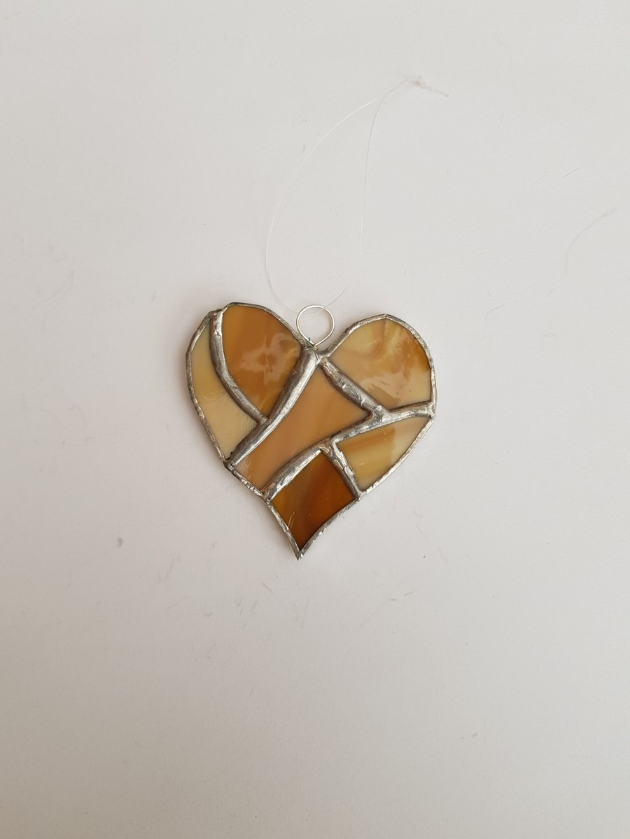 092 Stained Glass Small Multi beige heart - handmade hanging decoration.
