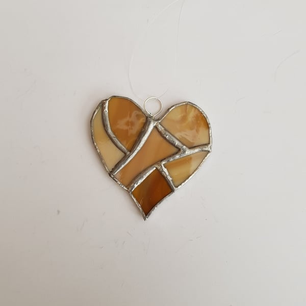 092 Stained Glass Small Multi beige heart - handmade hanging decoration.