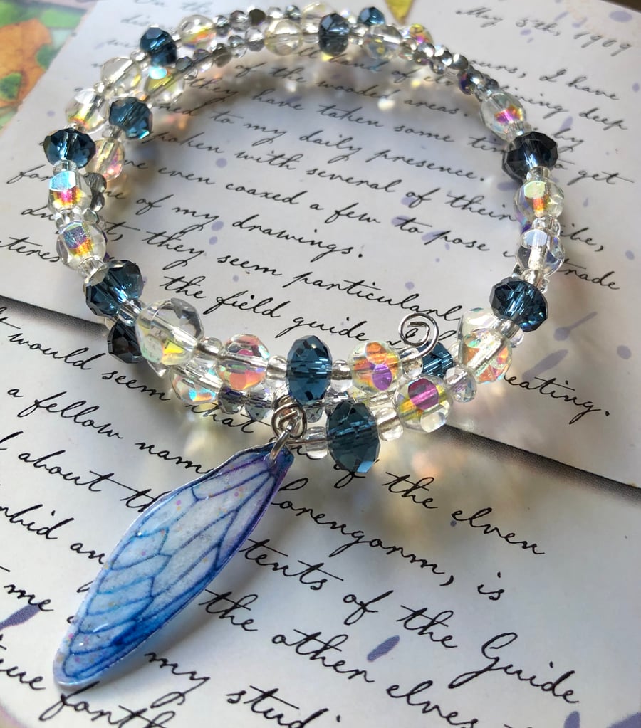 Blue Fairy Wing Vintage Crystal Aurora Borealis Beaded Bracelet