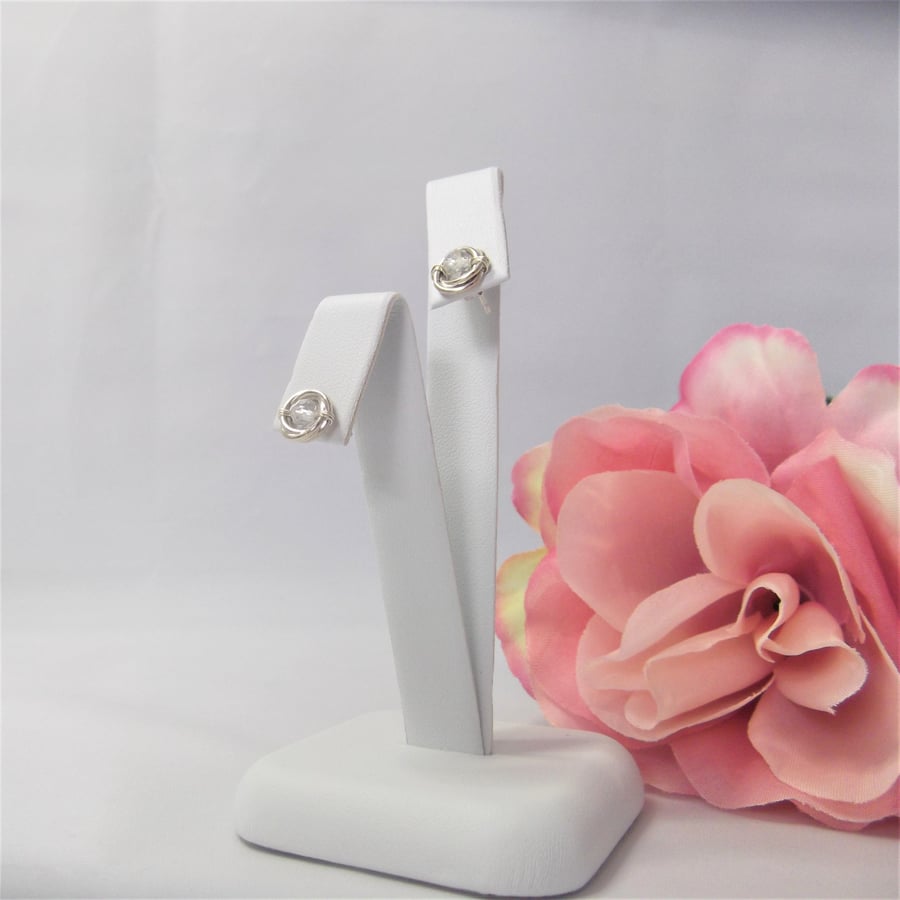 White Topaz gemstone russian wedding ring style recycled silver stud earrings