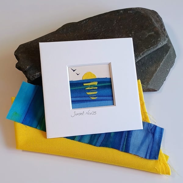 Setting Sun, Fabric and Paper Miniature Collage Picture with mount