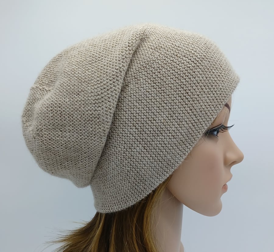 Beige alpaca blend slouchy beanie, handmade fall tam, knitted baggy hat