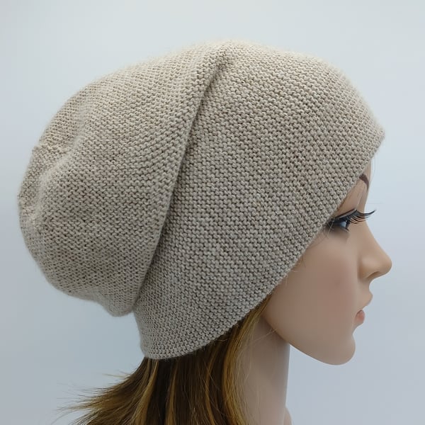 Beige alpaca blend slouchy beanie, handmade fall tam, knitted baggy hat
