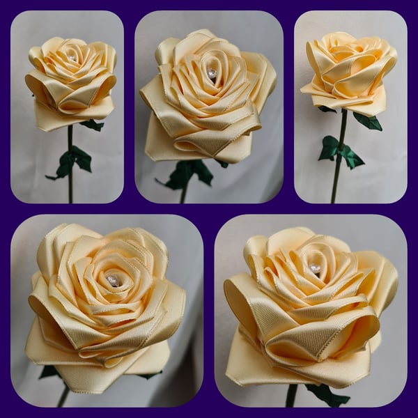 Gorgeous Handmade Light Gold Ribbon Rose - Long Stem Artificial Flower Gift.