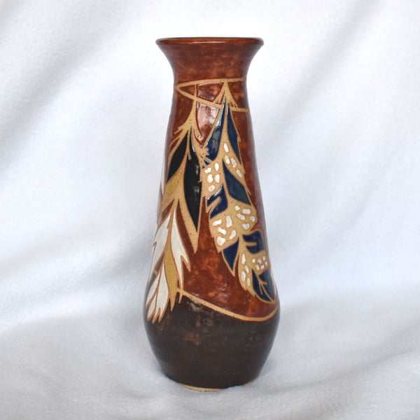 19-206 Stoneware pottery hand thrown bottle vase with feathers (Free UK postage)