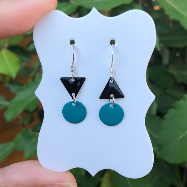 Topsy-turvy Hand enamel earrings. Turquoise & black enamel earrings. 