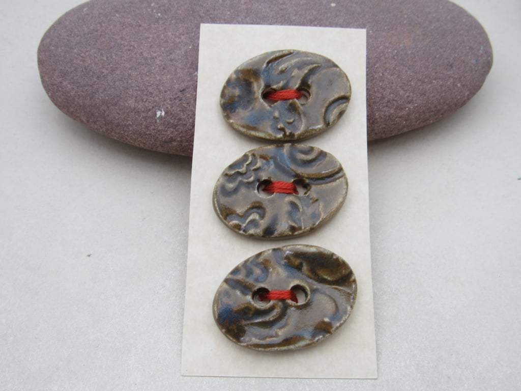 3 Medium Oval Stormy Olive Brocade Pattern Ceramic Buttons
