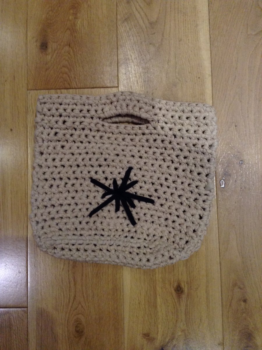 Small Crochet Tote Handbag Beige Tape Yarn