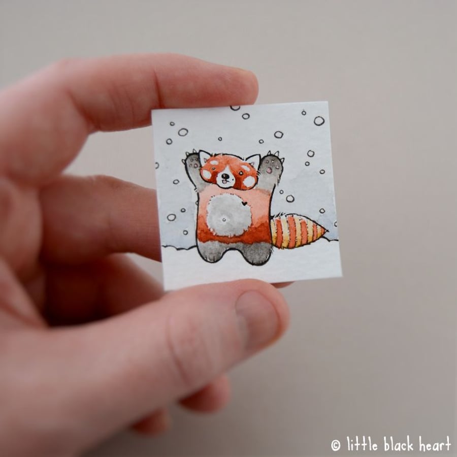 snowcatching red panda - original miniature artwork