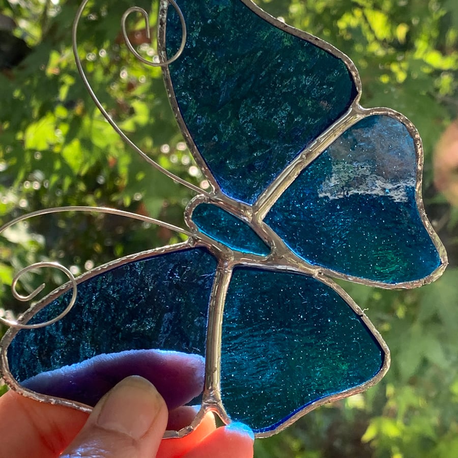 Stained Glass Butterfly Suncatcher - Handmade Decoration - Blue and Turquoise 