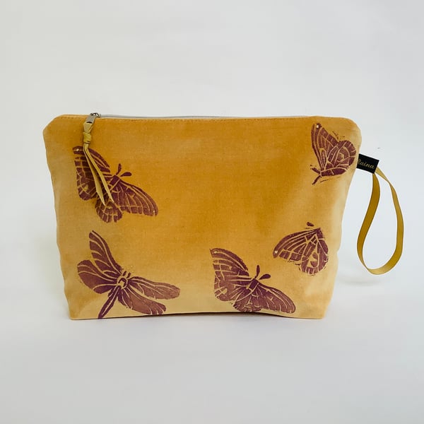 Yellow Velvet Butterfly and Dragonfly Makeup Bag