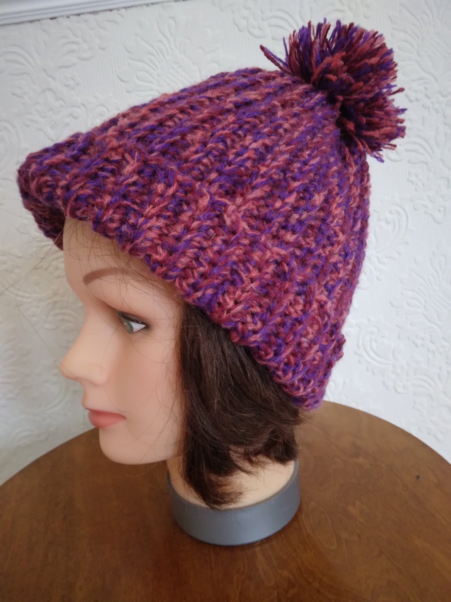 Crochet rib effect bobble hat. Adult size. Handmade in mauve acrylic