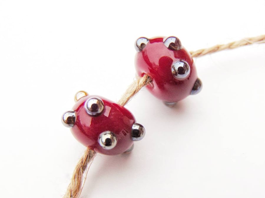 Red Handmade Metallic Glass Lampwork Bead Pair Jewellery Supplies Unique Beads