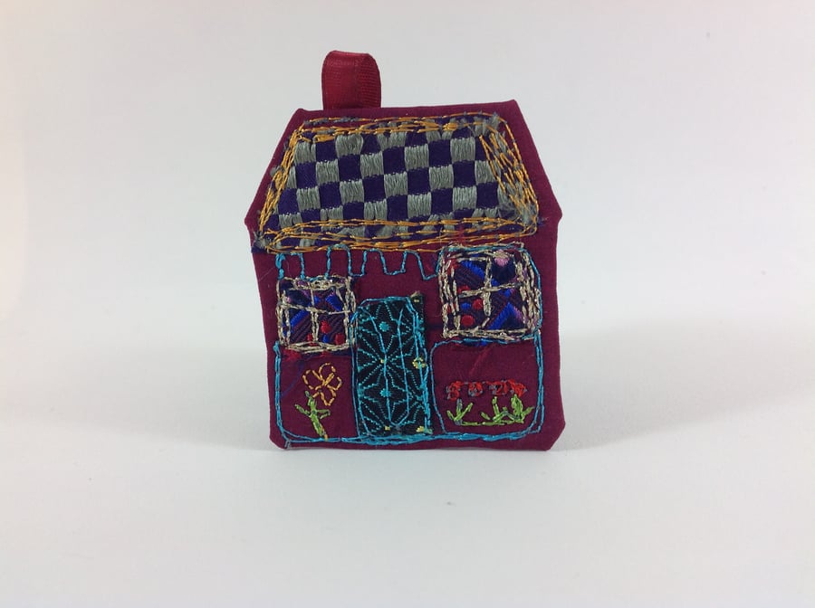 Art Textile House Brooch. Red Cottage