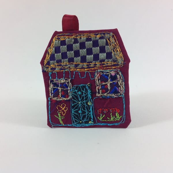 Art Textile House Brooch. Red Cottage