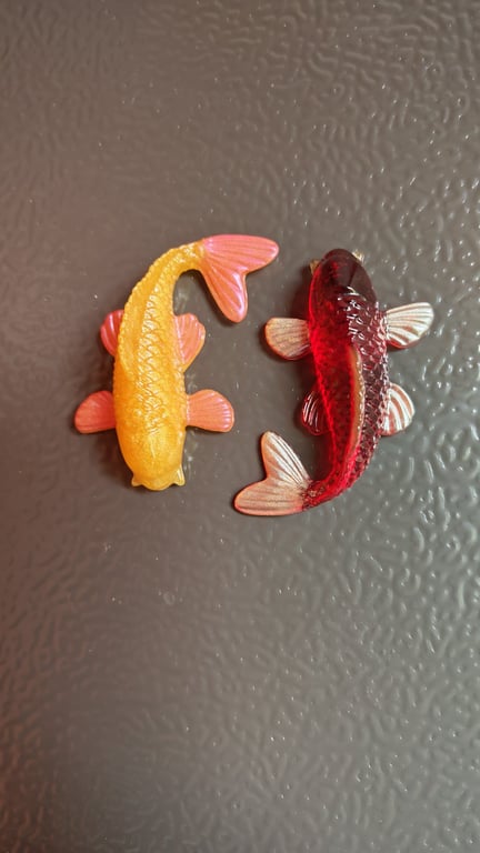 Koi Fish Resin Magnet Set: Handmade Fridge Magnets- Red and Gold Japanese Decor