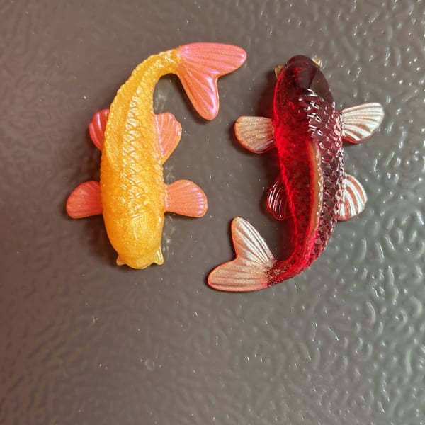 Koi Fish Resin Magnet Set: Handmade Fridge Magnets- Red and Gold Japanese Decor