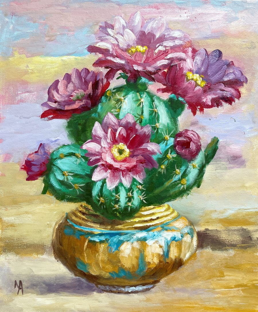 Cactus Mania 2 – Original Oil Painting of a Flowering Cactus in Vase
