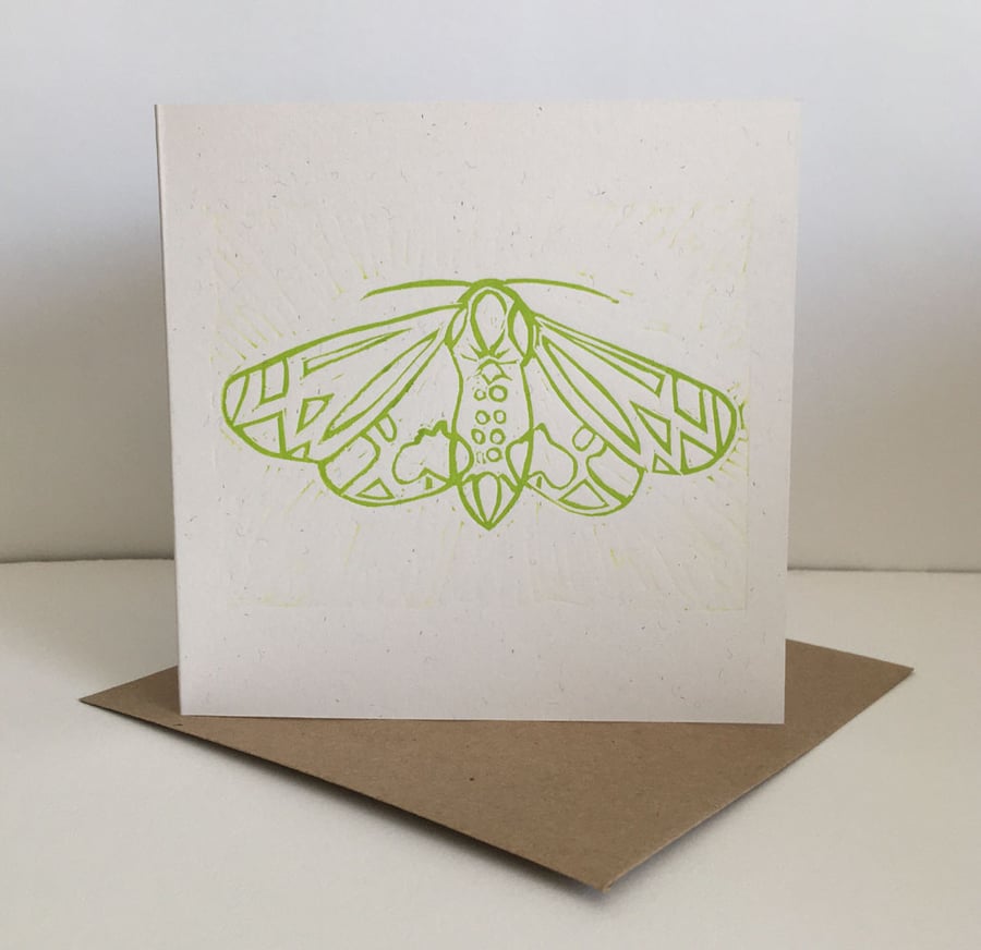 'Moth' hand printed linocut card, lime green