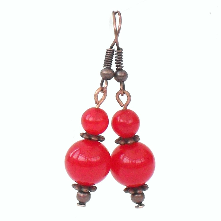 Red jade handmade earrings, with copper and red jade gemstone