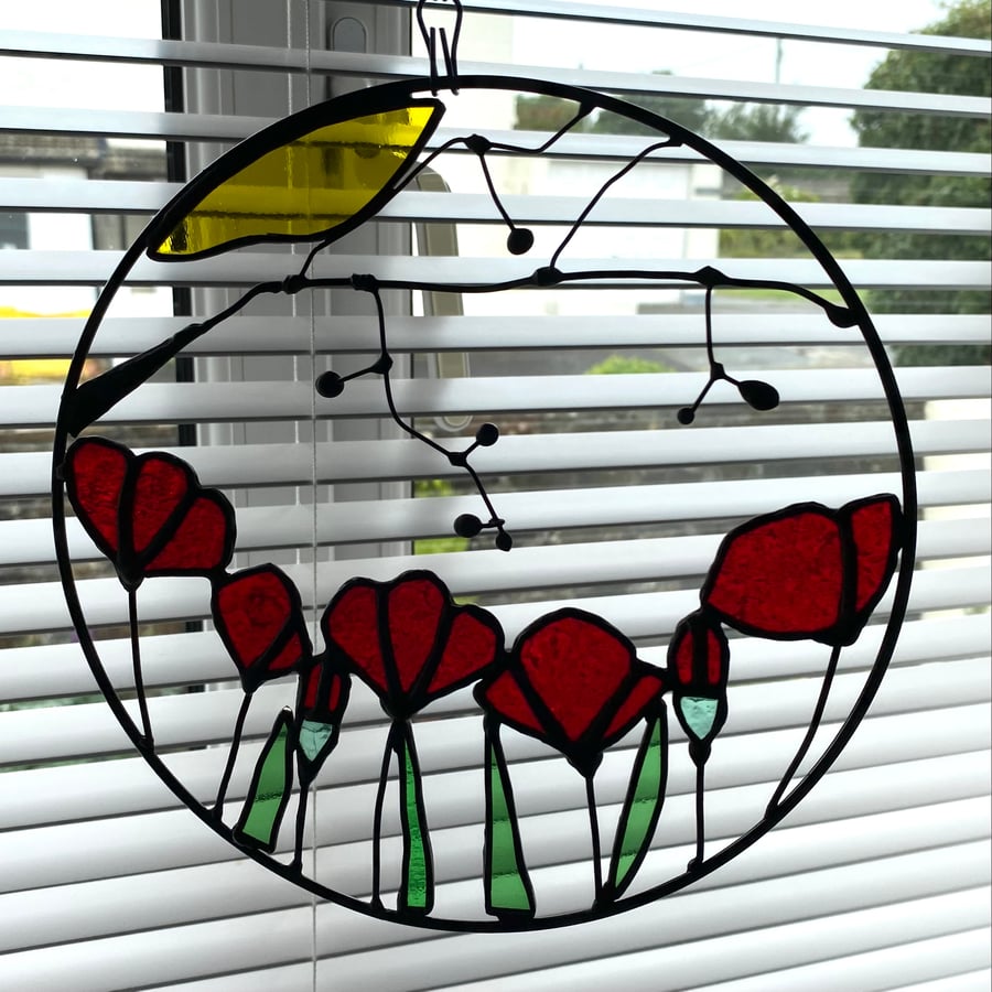 Glass suncatcher, window decoration with poppies.