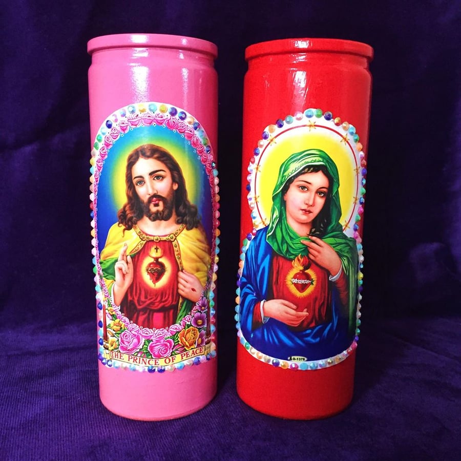Religious Kitsch Virgin Mary & Jesus Glass Prayer Candles 