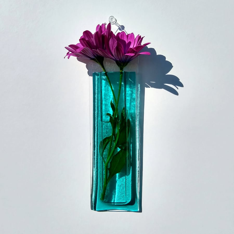 Aqua fused glass wall vase