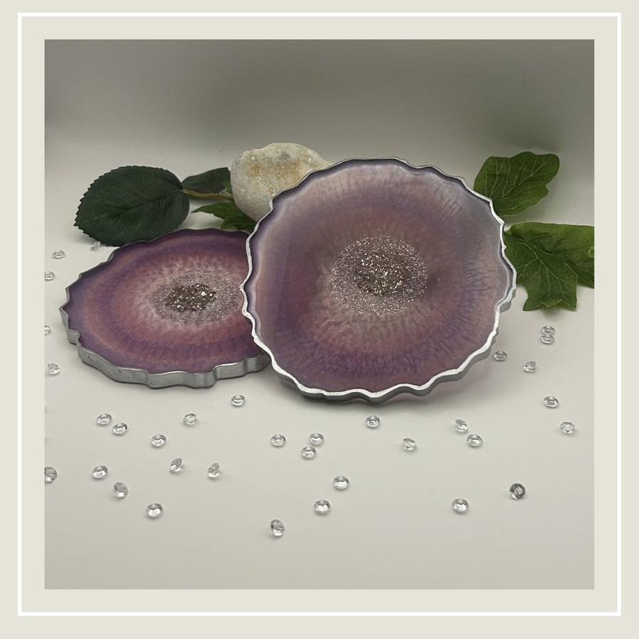 Perfectly Imperfect Handmade Resin Geode Coaster in Purple Silver - Set