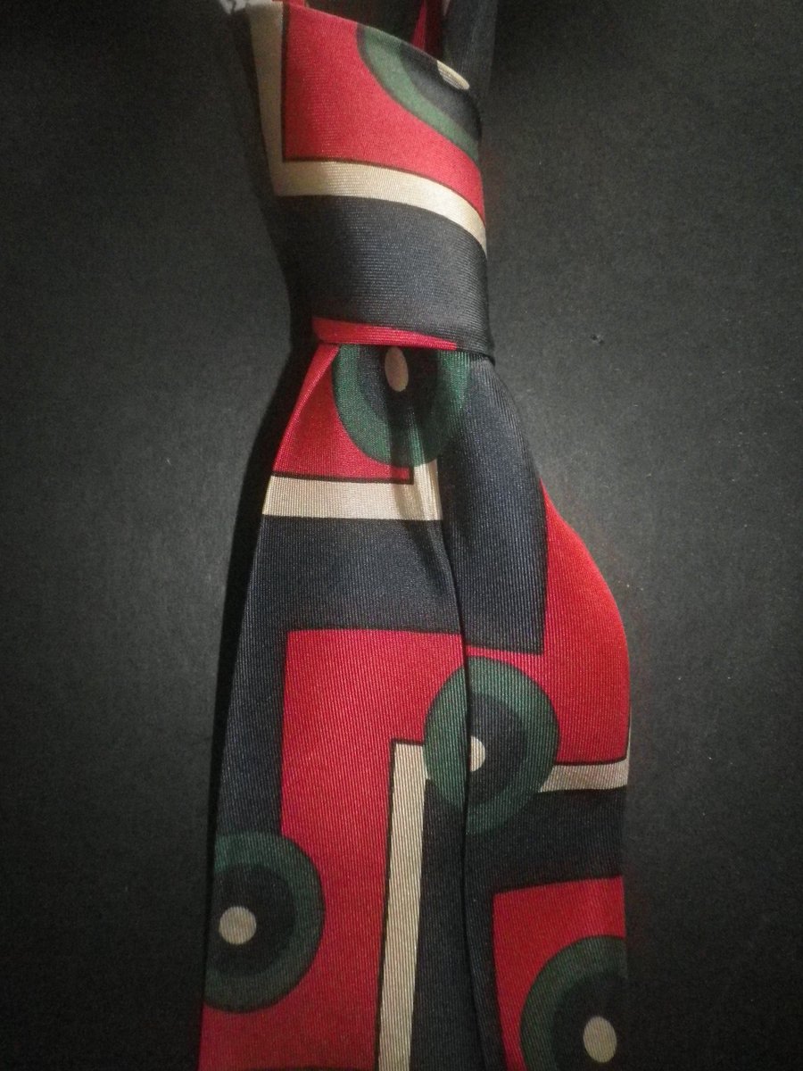 Dramatic green circles on red silk tie 9cm blade, free shipping, gift wrapped