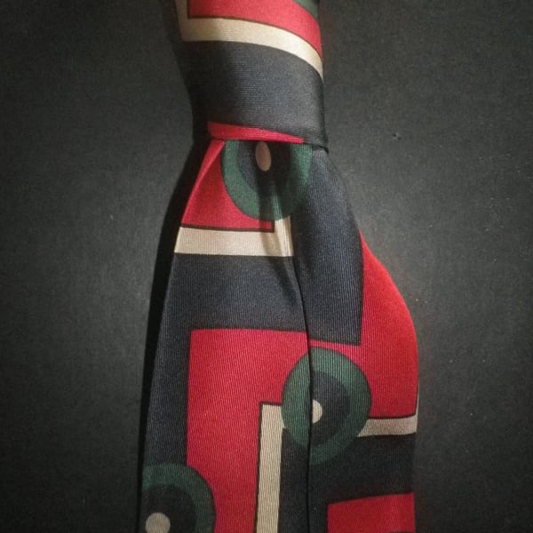 Dramatic green circles on red silk tie 9cm blade, free shipping, gift wrapped