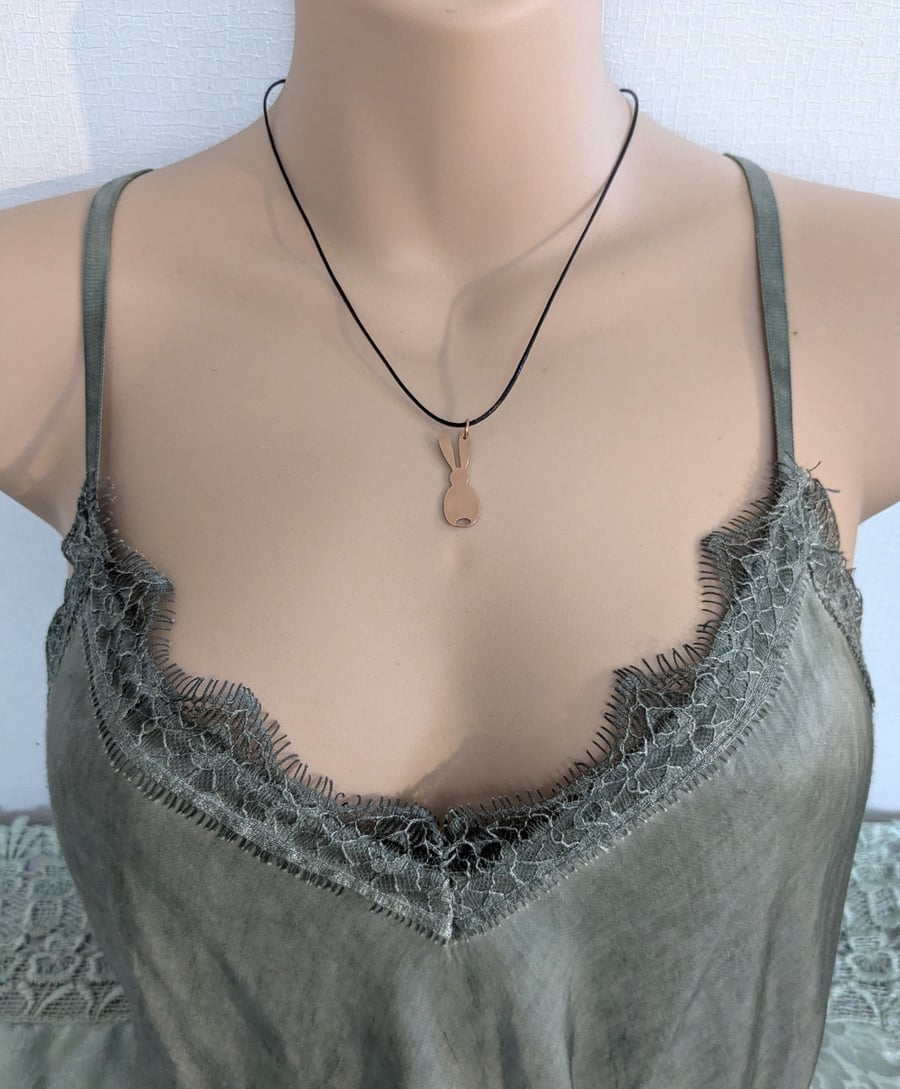 Small Copper Bunny Pendant on a Black or Turquoise Waxed Cotton Cord
