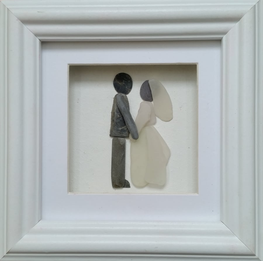 Wedding Gift, Bride & Groom, Pebble Art Picture, Sea Glass, Picture Frames,     