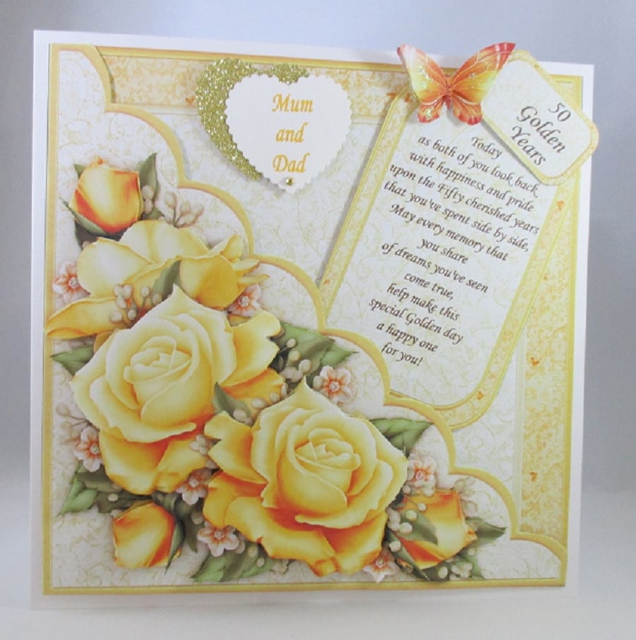 Handmade Large Golden Wedding Anniversary  Card, Decoupage, 3D Flowers