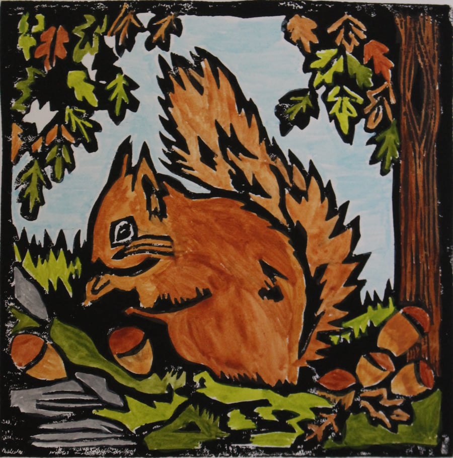 Red Squirrel lino print, limited edition