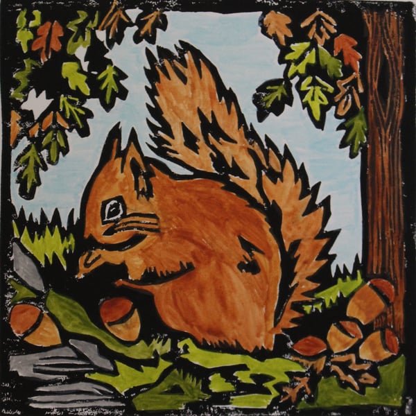 Red Squirrel lino print, limited edition