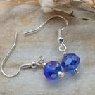 silver plated earrings with 8mm crystal  royal blue faceted rondelle beads 