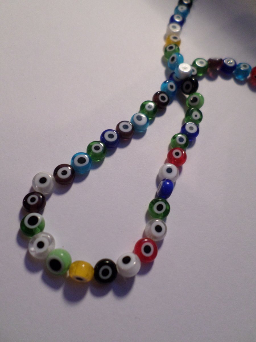 50 x Glass Beads - Flat Coin - Evil Eye - 6mm - Mixed Colour 