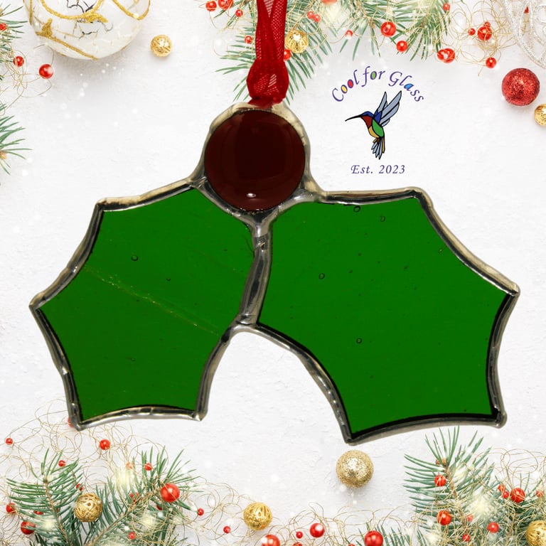 stained glass hanging holly berry and leaves