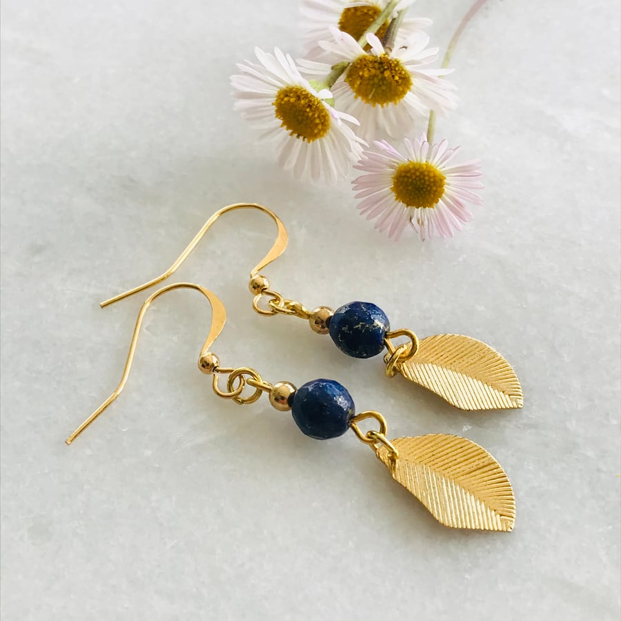 Lapis Lazuli Navy Blue & Gold Gemstone Dangle Earrings, Gift For Her 