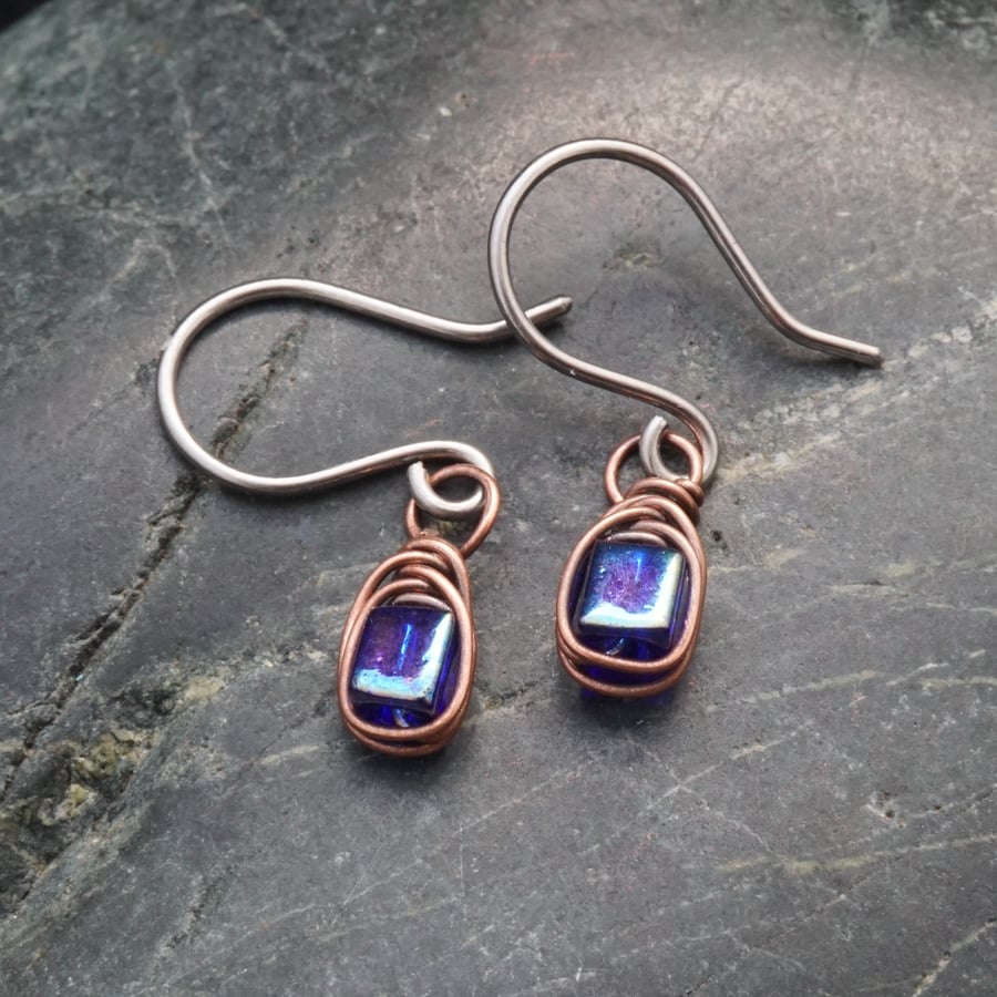 Copper Wire Wrapped Cube Earrings - Cobalt