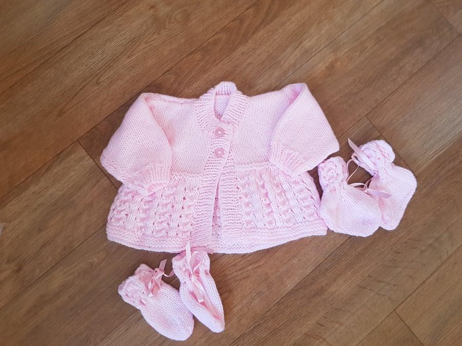 Hand Knitted Pink Baby Cardigan, Mittens and Bootees Gift Set